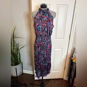 Nicole Miller halter silky pleated midi dress in a multi-colored bold art print